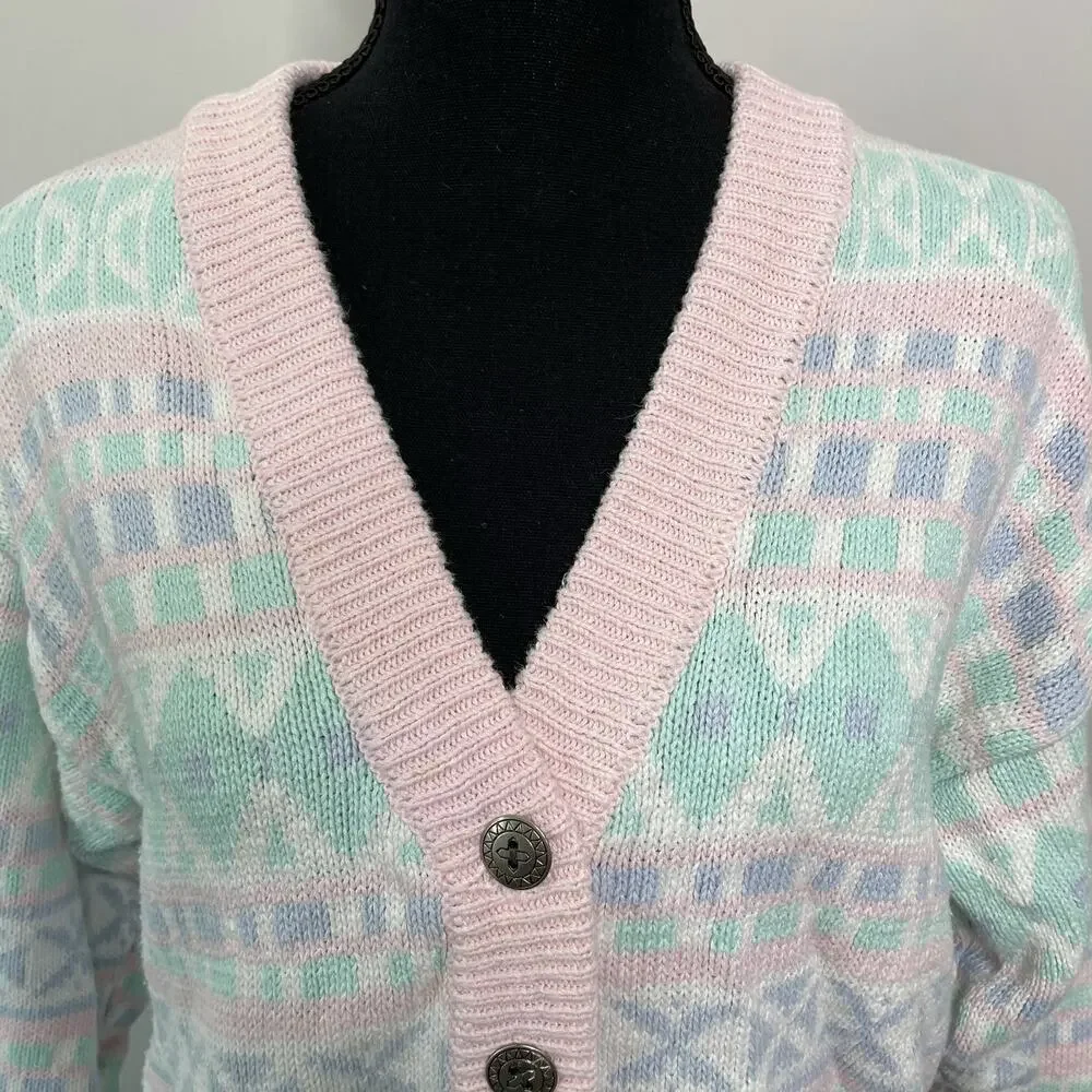 VTG Middlebrook Park V-Neck Button Up Knit Cardigan Sweater 90s Granny Pastel M‎